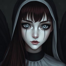 A nun with silver eyes that have black rings around the iris, black lines extending from the bottom of her eyelids down her face, and long maroon hair with bangs