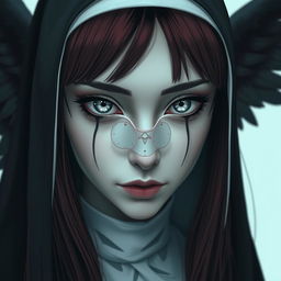 A nun with silver eyes that have black rings around the iris, black lines extending from the bottom of her eyelids down her face, and long maroon hair with bangs