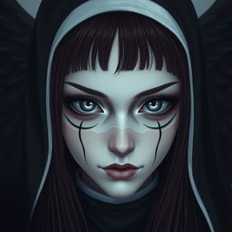 A nun with silver eyes that have black rings around the iris, black lines extending from the bottom of her eyelids down her face, and long maroon hair with bangs