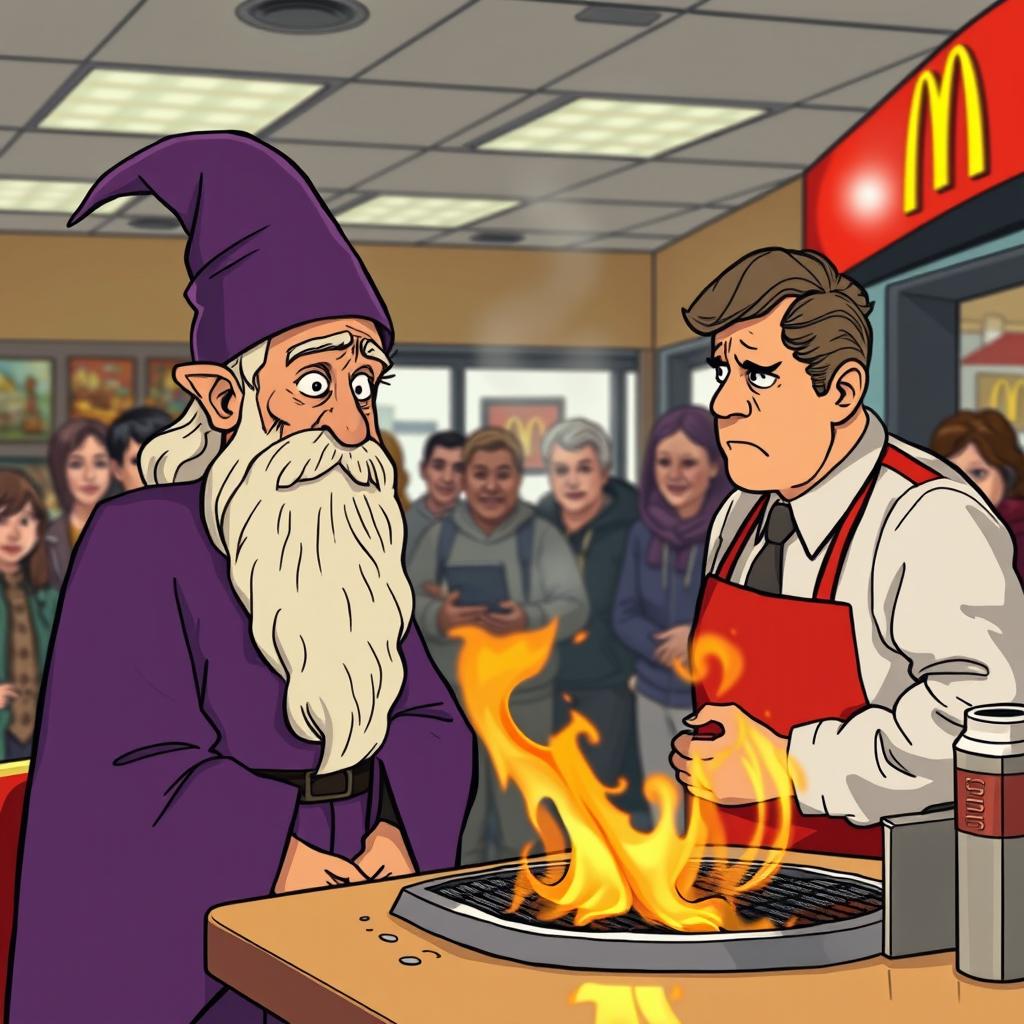 A scene at McDonald's where an autistic wizard accidentally sets the grill on fire