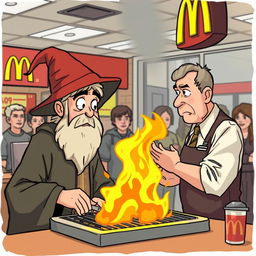 A scene at McDonald's where an autistic wizard accidentally sets the grill on fire