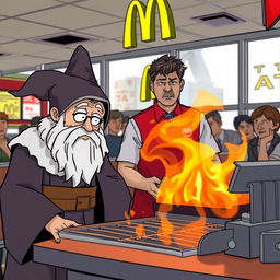 A scene at McDonald's where an autistic wizard accidentally sets the grill on fire