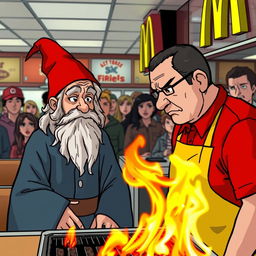 A scene at McDonald's where an autistic wizard accidentally sets the grill on fire