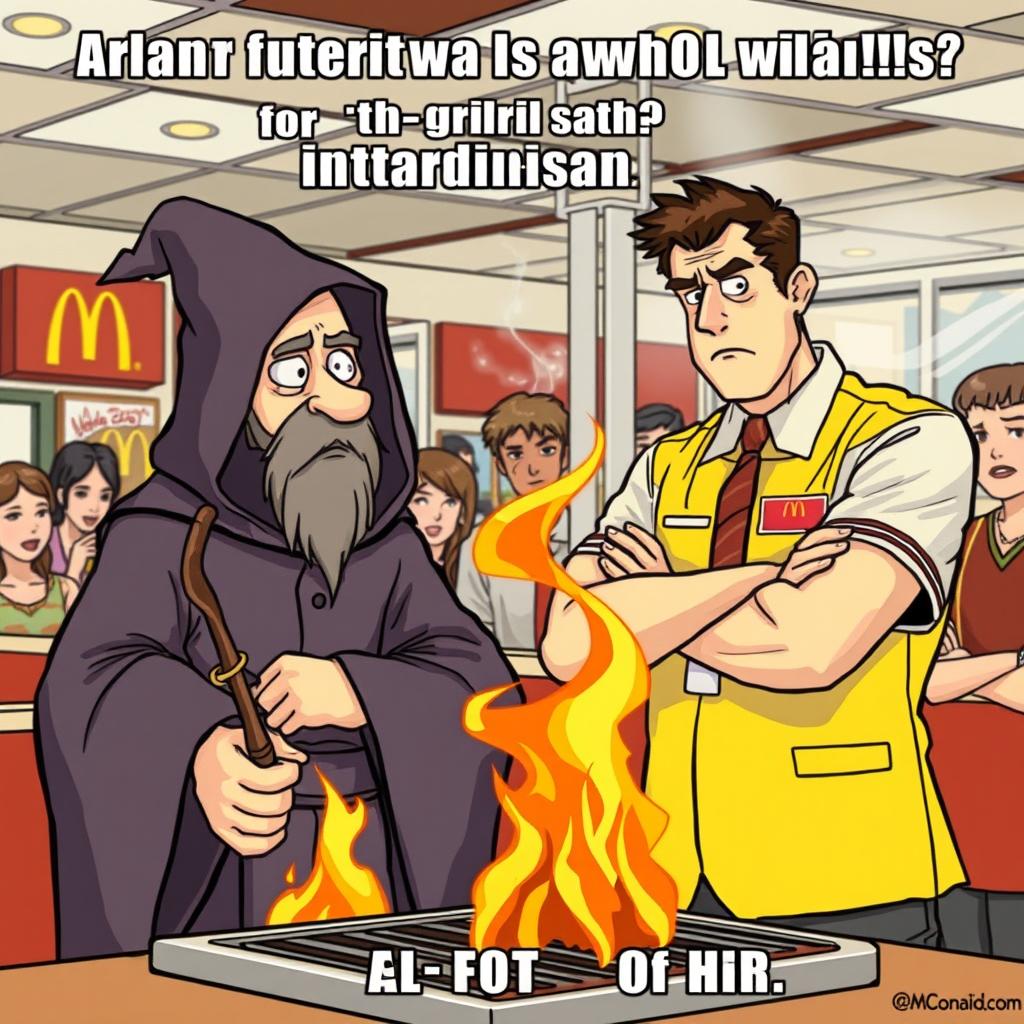 A humorous scene at McDonald's where an autistic wizard accidentally sets the grill on fire