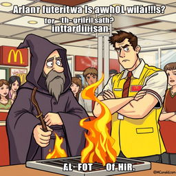 A humorous scene at McDonald's where an autistic wizard accidentally sets the grill on fire