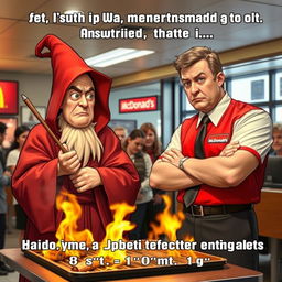 A humorous scene at McDonald's where an autistic wizard accidentally sets the grill on fire