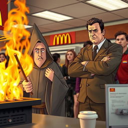 A humorous scene at McDonald's where an autistic wizard accidentally sets the grill on fire