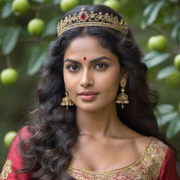 An enchanting Sri Lankan queen with olive skin, long wavy hair, prominent arching brows, and apple cheeks. She exudes soft, feminine energy with a warrior vibe. She possesses a short neck and striking features that hint at a Malaysian heritage.