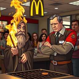 A humorous scene at McDonald's where an autistic wizard accidentally sets the grill on fire