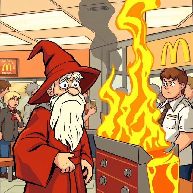 A scene inside a McDonald's where an autistic wizard accidentally sets the grill on fire