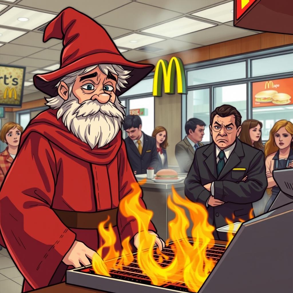 An autistic wizard in a classic wizard outfit is working at McDonald's on his first day