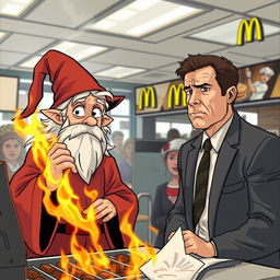 An autistic wizard in a classic wizard outfit is working at McDonald's on his first day