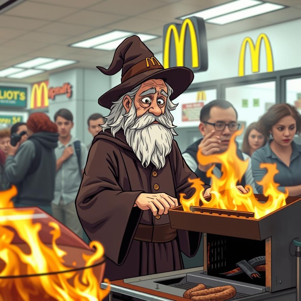 An autistic wizard in a classic wizard outfit is working at McDonald's on his first day