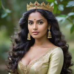 An enchanting Sri Lankan queen with olive skin, long wavy hair, prominent arching brows, and apple cheeks. She exudes soft, feminine energy with a warrior vibe. She possesses a short neck and striking features that hint at a Malaysian heritage.