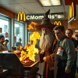 A realistic scene inside a McDonald's where an autistic wizard, dressed in a classic wizard outfit, is working on his first day