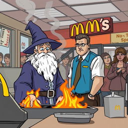 A realistic scene inside a McDonald's where an autistic wizard, dressed in a classic wizard outfit, is working on his first day