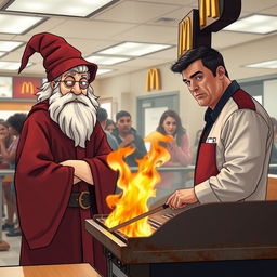 A realistic scene inside a McDonald's where an autistic wizard, dressed in a classic wizard outfit, is working on his first day