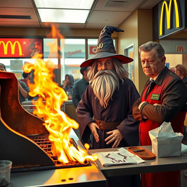 A realistic scene inside a McDonald's where an autistic wizard, dressed in a classic wizard outfit, is working on his first day