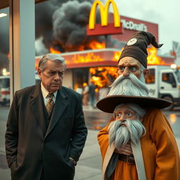 A scene outside a McDonald's that has caught fire