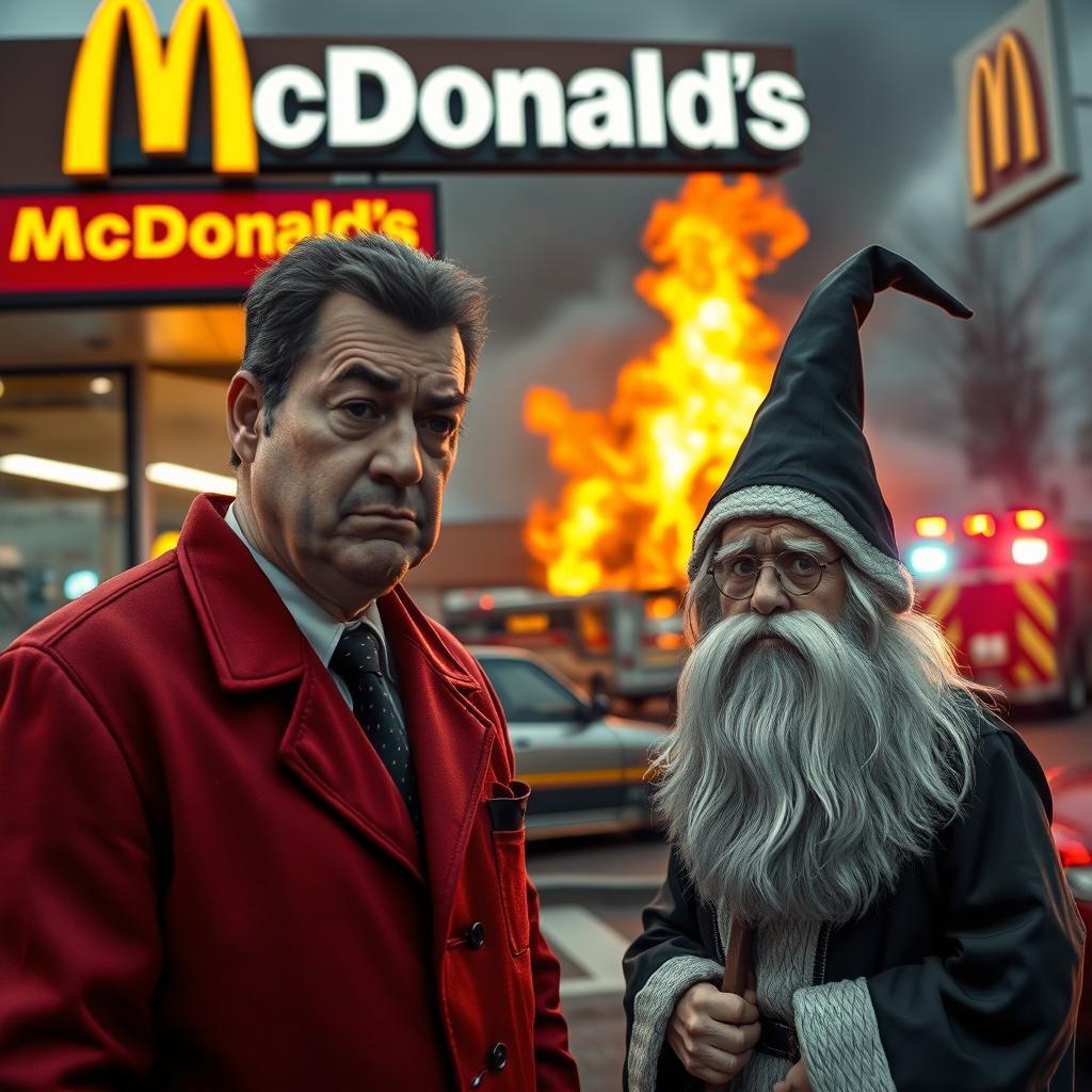 A scene outside a McDonald's that has caught fire