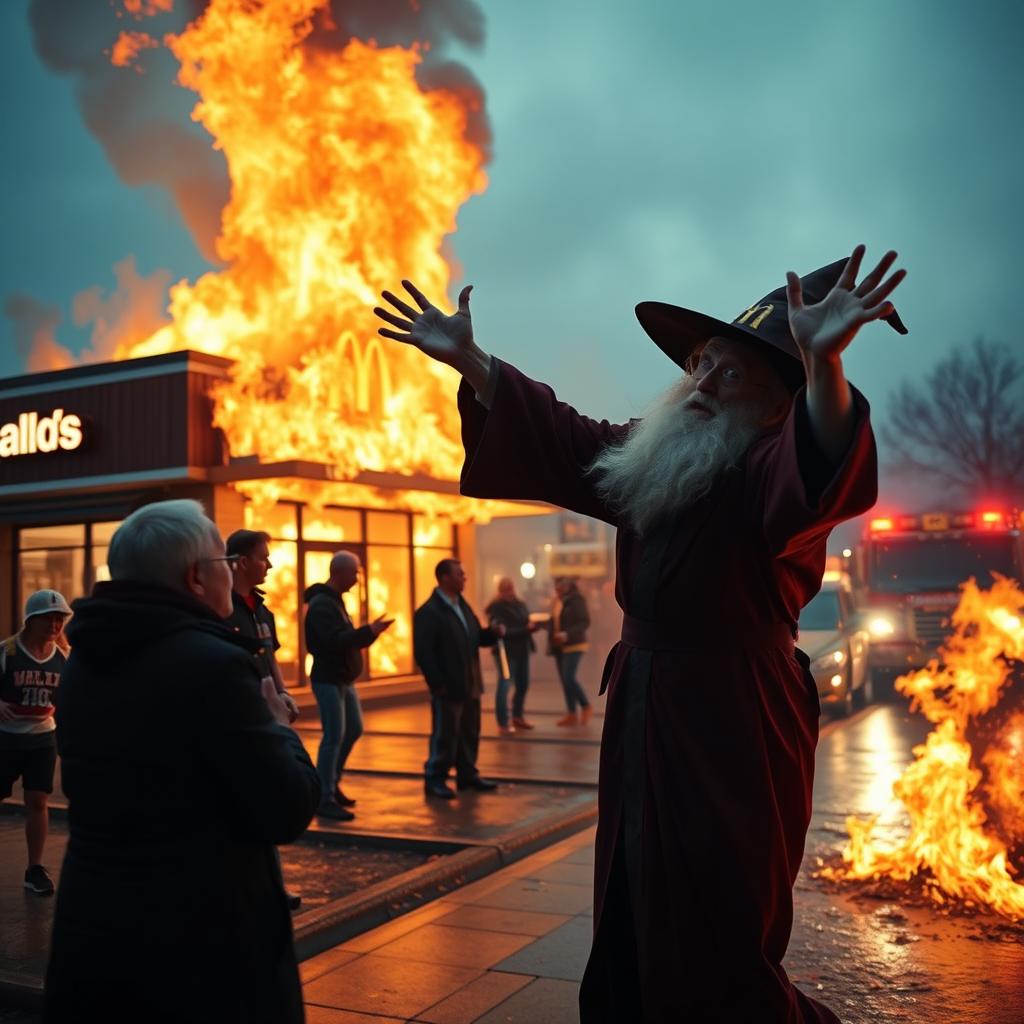 A dramatic scene outside a burning McDonald's where an autistic wizard in a classic wizard outfit is seen throwing the manager into the flames