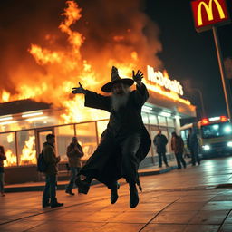 A dramatic scene outside a burning McDonald's where an autistic wizard in a classic wizard outfit is seen throwing the manager into the flames