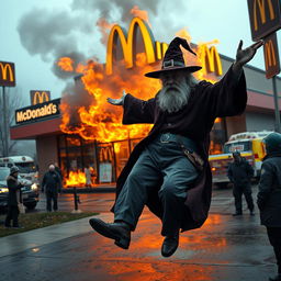 A dramatic scene outside a burning McDonald's where an autistic wizard in a classic wizard outfit is seen throwing the manager into the flames