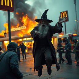 A dramatic scene outside a burning McDonald's where an autistic wizard in a classic wizard outfit is seen throwing the manager into the flames