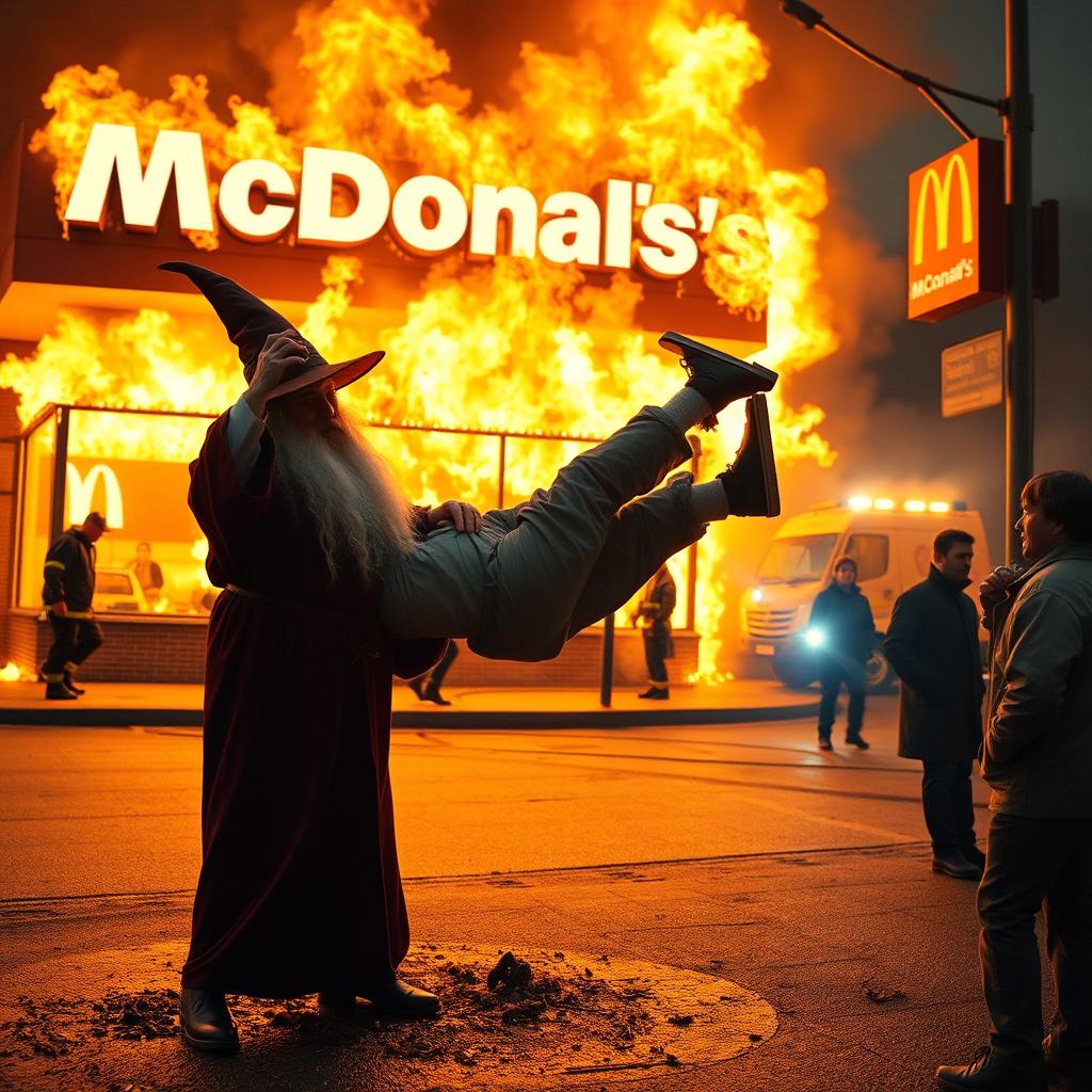 A dramatic scene outside a burning McDonald's where a wizard in a classic wizard outfit is seen throwing the manager into the flames