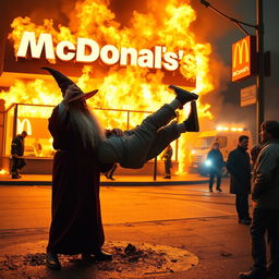 A dramatic scene outside a burning McDonald's where a wizard in a classic wizard outfit is seen throwing the manager into the flames