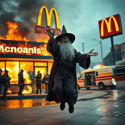 A dramatic scene outside a burning McDonald's where a wizard in a classic wizard outfit is seen throwing the manager into the flames