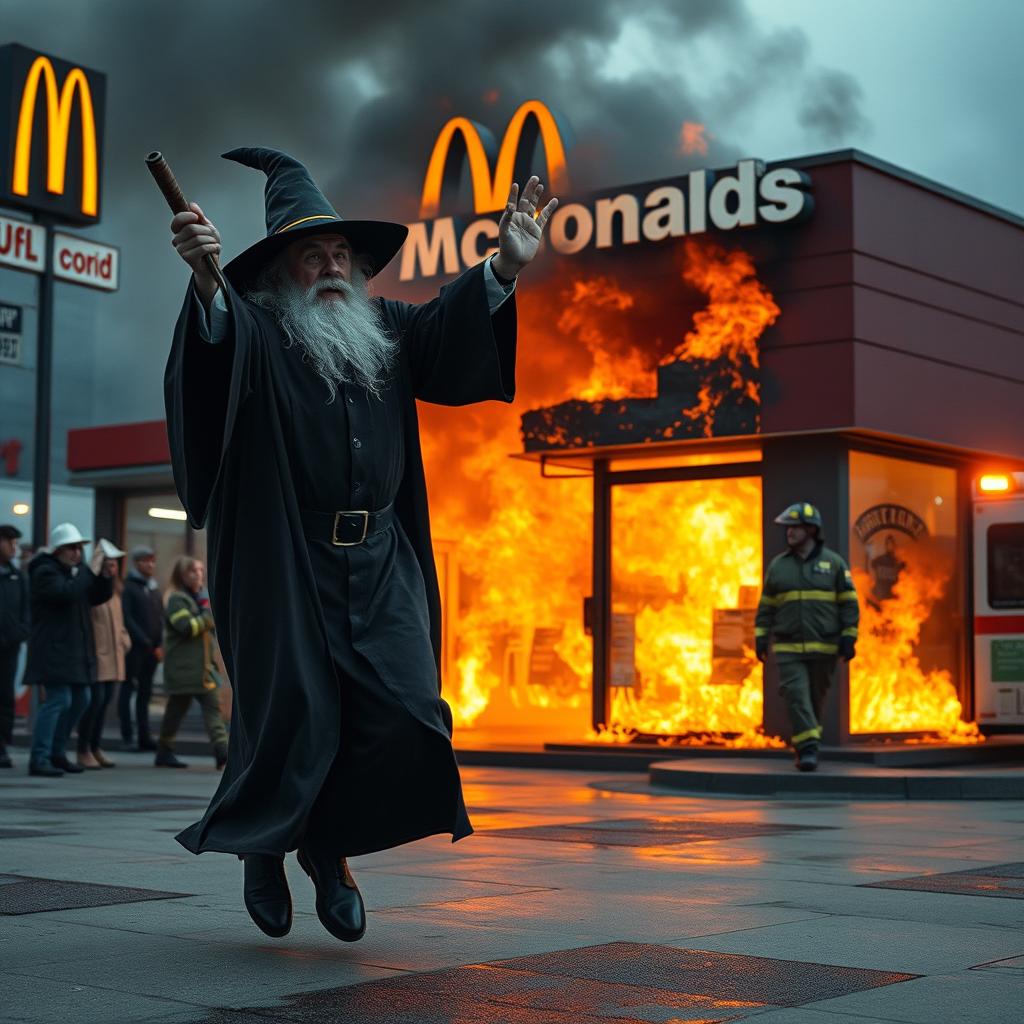 A dramatic scene outside a burning McDonald's where a wizard in a classic wizard outfit is seen throwing the manager into the flames