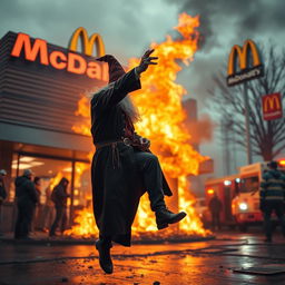 A dramatic scene outside a burning McDonald's where a wizard in a classic wizard outfit is seen throwing the manager into the flames