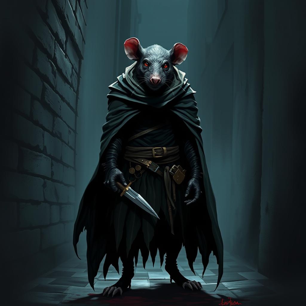 A rogue rat-man standing in a dark alleyway, wearing a tattered cloak and holding a dagger