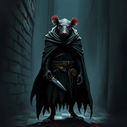 A rogue rat-man standing in a dark alleyway, wearing a tattered cloak and holding a dagger