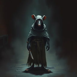 A rogue rat-man standing in a dark alleyway, wearing a tattered cloak and holding a dagger