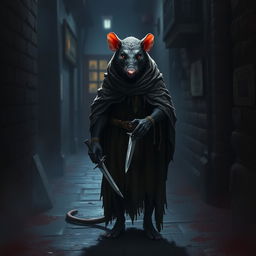 A rogue rat-man standing in a dark alleyway, wearing a tattered cloak and holding a dagger