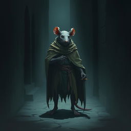 A rogue rat-man standing in a dark alleyway, wearing a tattered cloak and holding a dagger