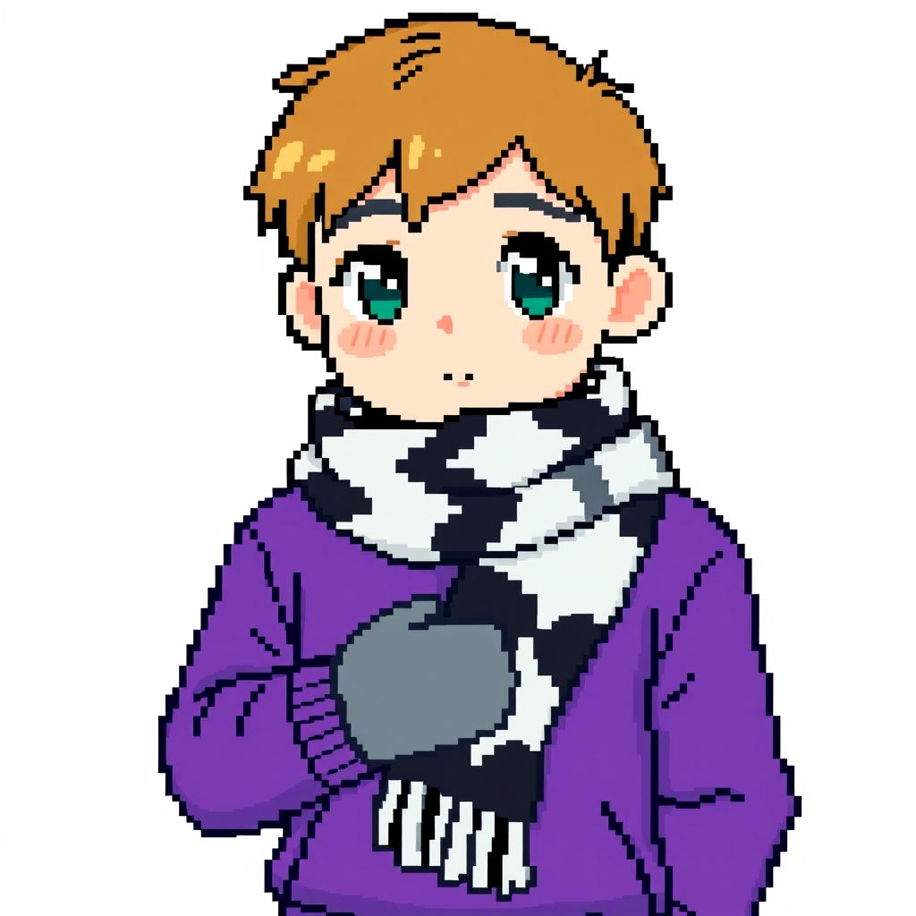A pixel art image of a boy wearing a purple sweatshirt, a black and white scarf, and gray gloves