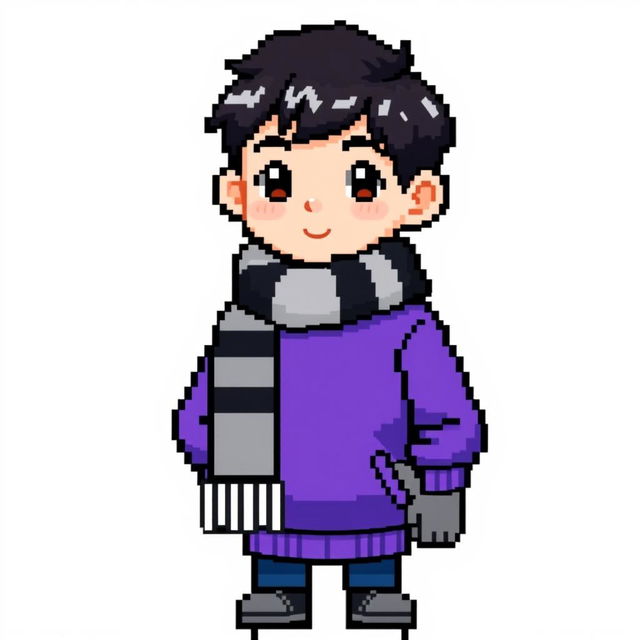 A pixel art image of a boy wearing a purple sweatshirt, a black and white scarf, and gray gloves