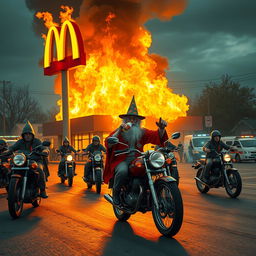 A chaotic scene where an autistic wizard in a classic wizard outfit is seen running away from a burning McDonald's