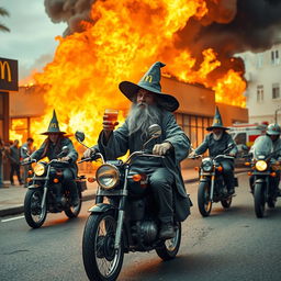 A chaotic scene where an autistic wizard in a classic wizard outfit is seen running away from a burning McDonald's