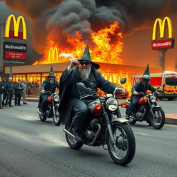 A chaotic scene where an autistic wizard in a classic wizard outfit is seen running away from a burning McDonald's