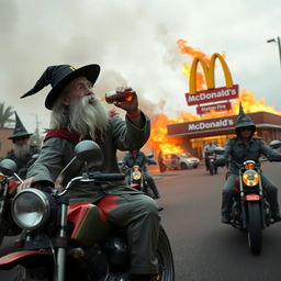 A chaotic scene where an autistic wizard in a classic wizard outfit is seen running away from a burning McDonald's