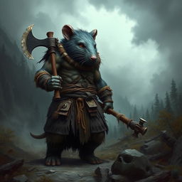 A rat-man chieftain barbarian standing in a rugged, wild landscape