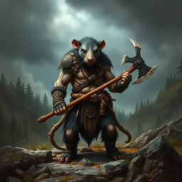 A rat-man chieftain barbarian standing in a rugged, wild landscape