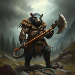 A rat-man chieftain barbarian standing in a rugged, wild landscape