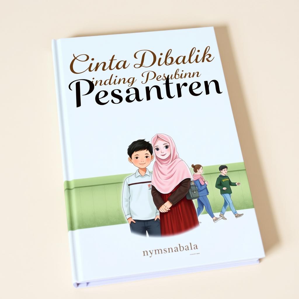 Create a book cover with the title 'Cinta Dibalik Dinding Pesantren' written in large, elegant font at the top