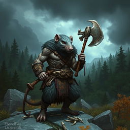 A rat-man chieftain barbarian standing in a rugged, wild landscape