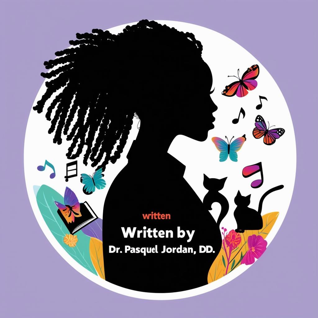 Create a vibrant and engaging logo for a book featuring a side silhouette of a lady with short dreadlocks in a suit, music notes, butterflies, two cats, and a book